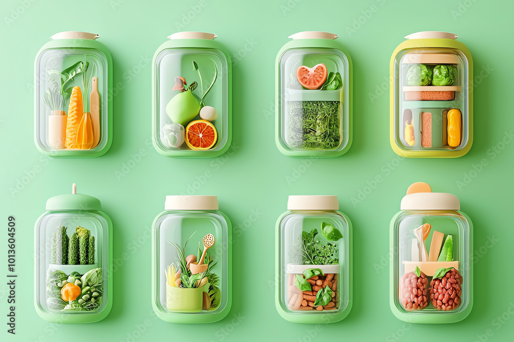 Zero waste kitchen, sustainable innovations in food storage, 3D illustration Zero waste kitchen, sustainable innovations in food storage, 3D illustration