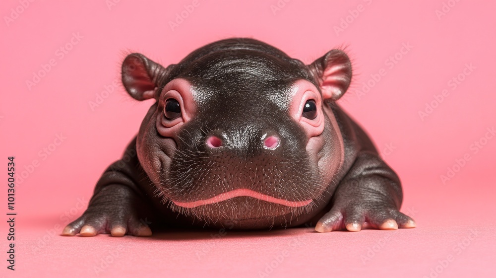 A cute baby hippopotamus figurine with shiny skin and pink details on a soft pink background. The figure has a whimsical and endearing appearance. A cute baby hippopotamus figurine with shiny skin and pink details on a soft pink background. The figure has a whimsical and endearing appearance.
