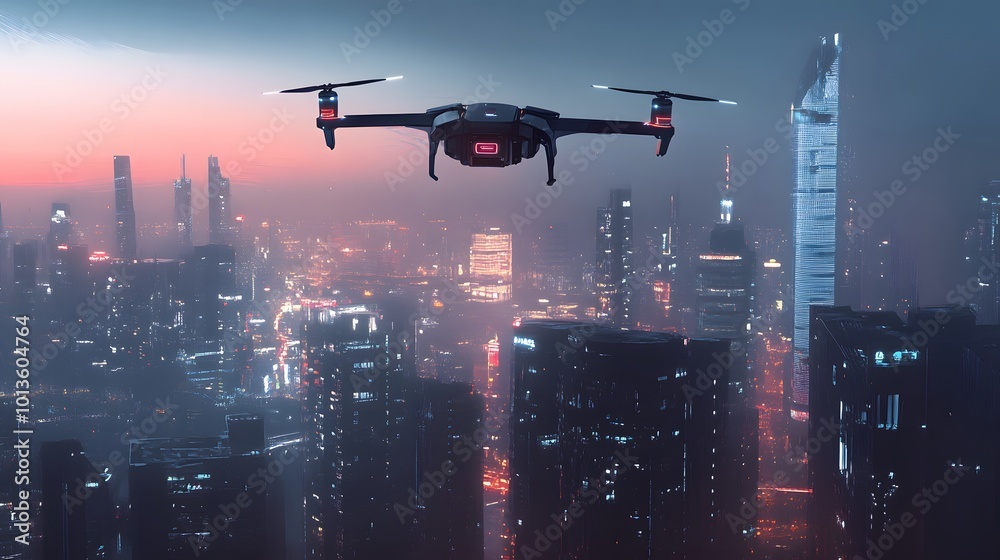 Drone Flying Over a Futuristic Cityscape at Dusk Drone Flying Over a Futuristic Cityscape at Dusk