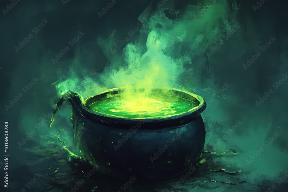 A witch's cauldron bubbling with green brew. A witch's cauldron bubbling with green brew.