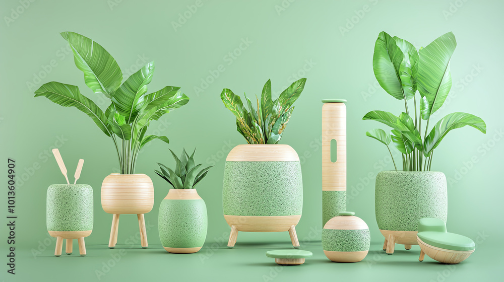 Zero waste furniture, sustainable materials with innovative design, 3D illustration Zero waste furniture, sustainable materials with innovative design, 3D illustration