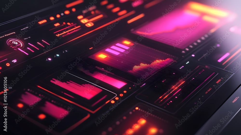 Futuristic Interface with Glowing Red and Pink Graphical Displays Futuristic Interface with Glowing Red and Pink Graphical Displays