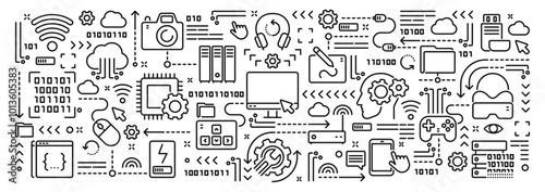 Vector conceptual illustration related to computer technology, electronic equipment, mobile phones and devices. Linear doodle banner or background for website or mobile app