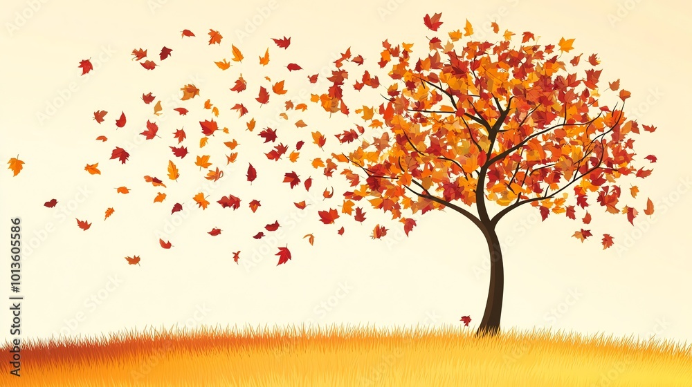 A stylized autumn tree with red and orange leaves. Leaves are blowing off the tree. A stylized autumn tree with red and orange leaves. Leaves are blowing off the tree.