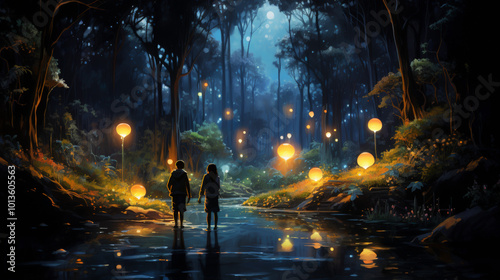 A couple takes a serene walk in an enchanted forest, with glowing lanterns lighting up the magical twilight ambiance around them.
