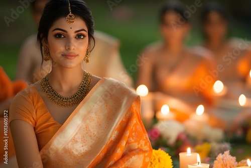 Golden Tilak and Candlelight Woman in Elegant Orange Saree photo