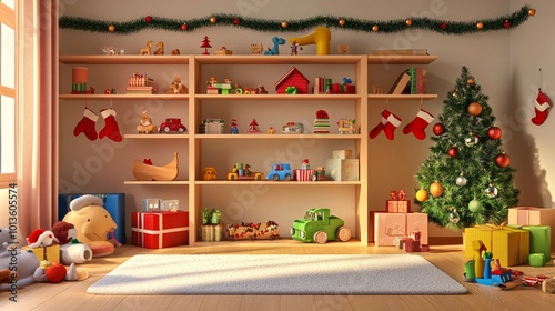 3D Cozy Children's Room Decorated for Christmas