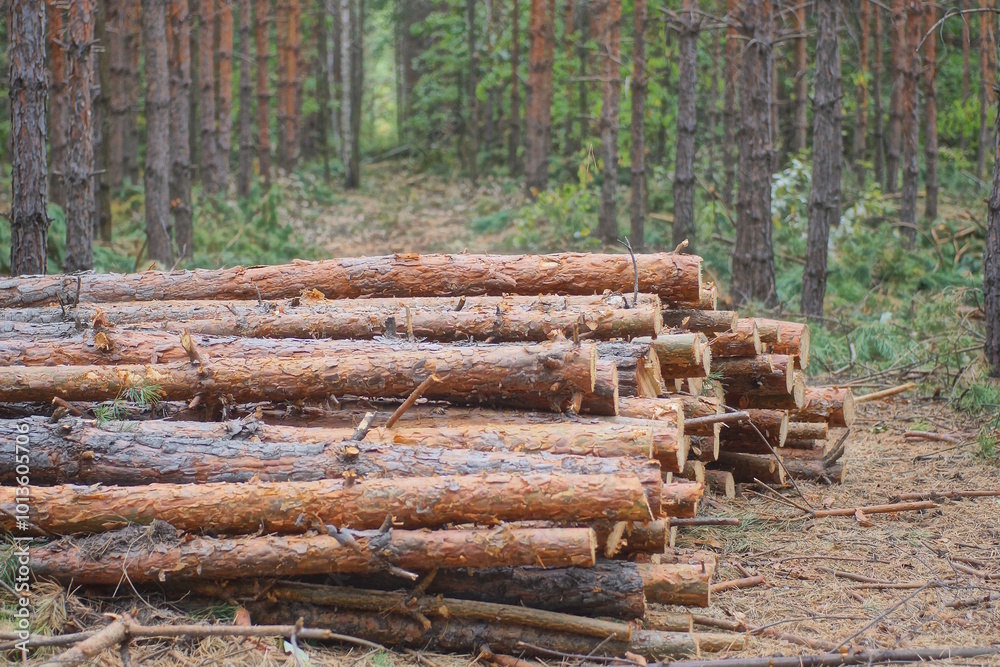 a pile of brown pine tree logs on the ground in the summer forest a pile of brown pine tree logs on the ground in the summer forest
