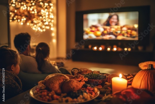 A family watching the Macy's Thanksgiving Day Parade on TV.