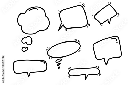  A variety of empty speech and thought bubbles, hand-drawn in different shapes and sizes, often used for dialogues or thoughts in comics