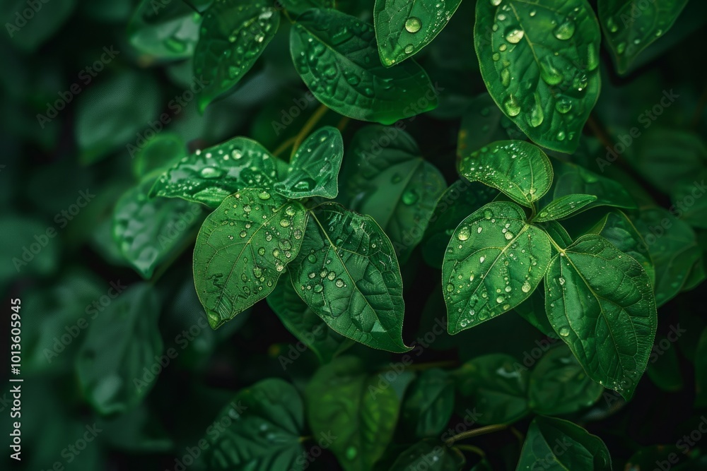 Close-up of green leaves with water droplets. Botanical photography. Nature and foliage concept. Design for print, poster, banner, wallpaper. Gymnema. Ayuurveda. Ayurvedic herbs. Generative AI Close-up of green leaves with water droplets. Botanical photography. Nature and foliage concept. Design for print, poster, banner, wallpaper. Gymnema. Ayuurveda. Ayurvedic herbs. Generative AI