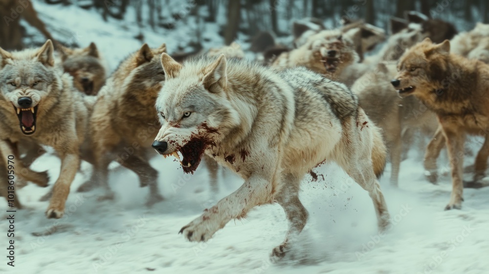 Naklejka premium A Bloody Wolf Running Through Snow with a Pack Behind It