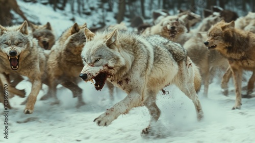 A Bloody Wolf Running Through Snow with a Pack Behind It photo