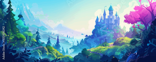 Fantasy realms. Enchanted forests, mythical creatures, castles, and magical artifacts, transporting viewers to otherworldly adventures, vector illustration, flat style.