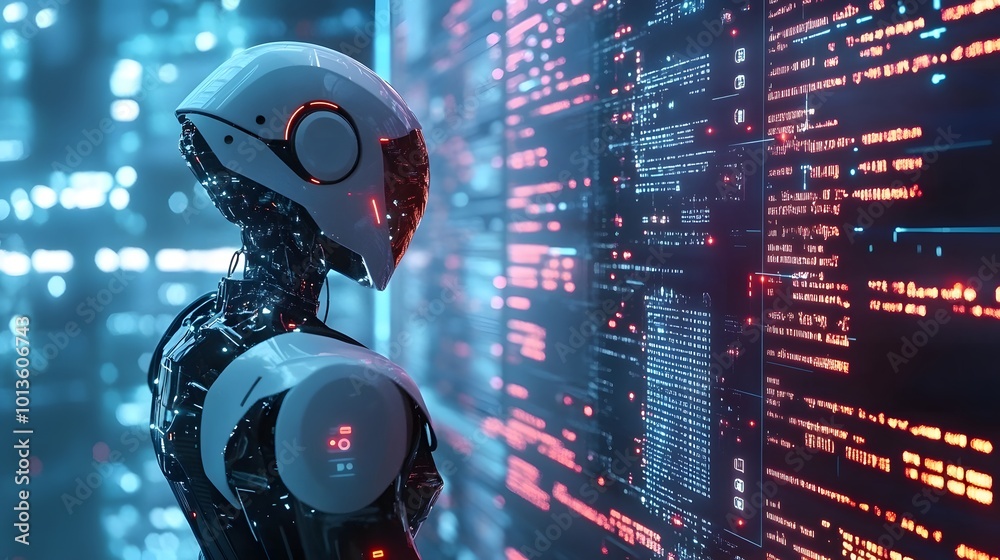 A futuristic robot with a white helmet standing in front of a screen displaying binary code. A futuristic robot with a white helmet standing in front of a screen displaying binary code.