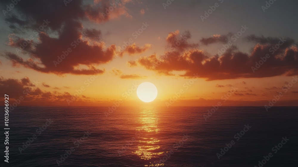A Bright Orange Sunset Over Calm Ocean Waters A Bright Orange Sunset Over Calm Ocean Waters
