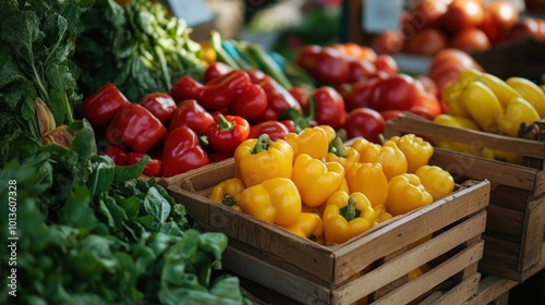 Red and Yellow Bell Peppers in Wooden Crates at a Farmer's Market