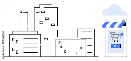 City buildings with a smartphone displaying a shopping cart and BUY button. Ideal for e-commerce, technology, online shopping, modern lifestyle, digitalization. Clean and minimalistic style