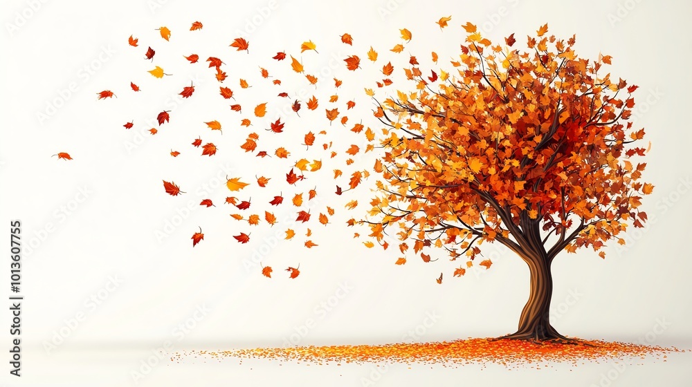 A single tree stands against a white background, its branches laden with vibrant orange and red leaves. Some leaves are falling, creating a sense of autumnal change. A single tree stands against a white background, its branches laden with vibrant orange and red leaves. Some leaves are falling, creating a sense of autumnal change.
