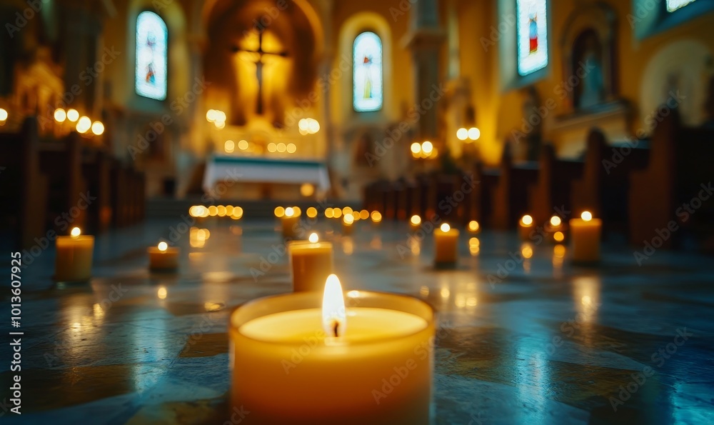 Candles in church with altar in background. Beautiful catholic or Lutheran cathedral with many lit candles as prayer or memory symbol. Beautiful lights in Christian basilica and crucifix,Generative AI Candles in church with altar in background. Beautiful catholic or Lutheran cathedral with many lit candles as prayer or memory symbol. Beautiful lights in Christian basilica and crucifix,Generative AI