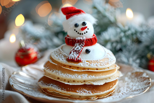 Winter desert, sweet christmas snowman pancakes with sugar frosting. High quality photo