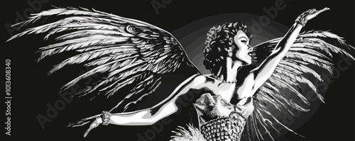 Glamorous pin-up showgirl in a feathered costume, striking a pose, vector illustration, pin-up style, scratch board imitation, black and white image.