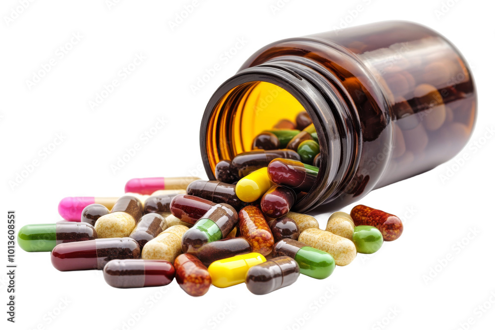 Vitamins bottle with various colorful capsules spilling out, isolated on background. Vitamins bottle with various colorful capsules spilling out, isolated on background.