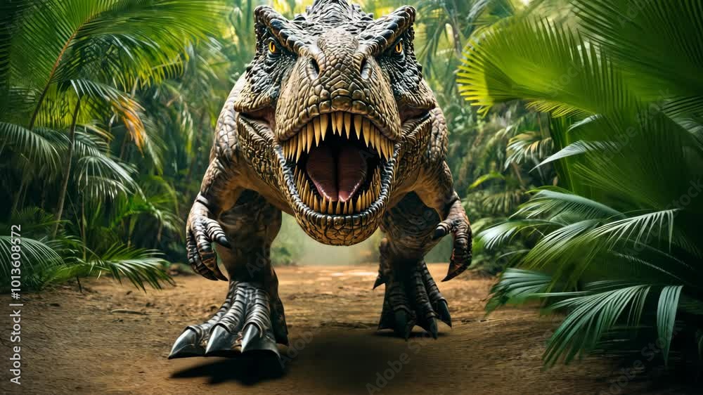 A T-Rex stalks through the jungle, its teeth bared and ready to strike