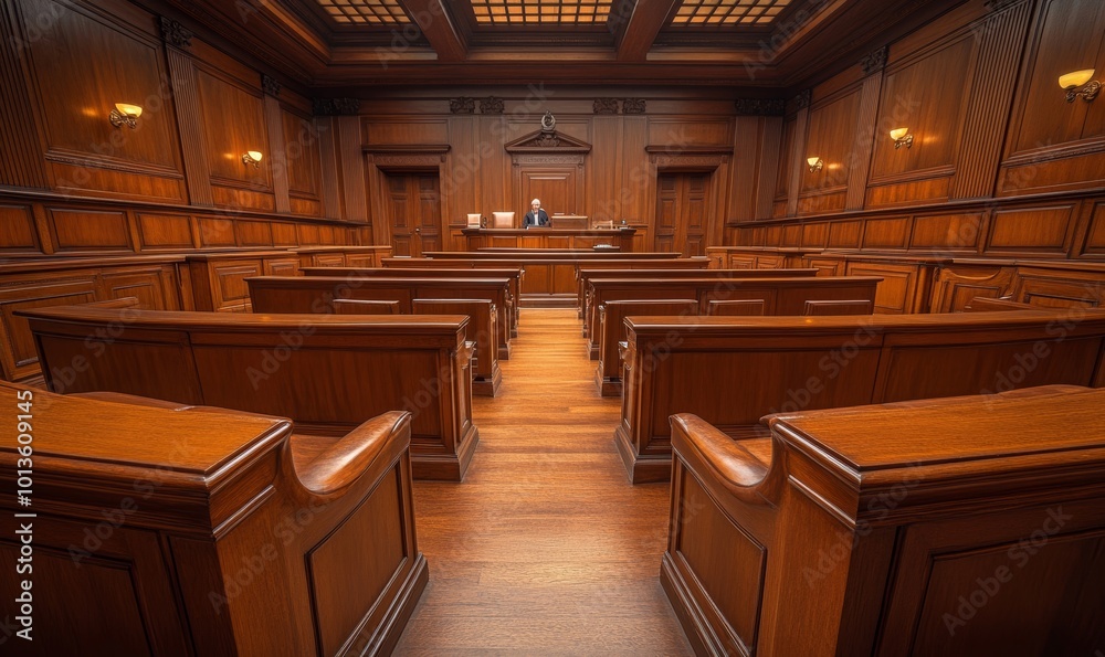 Empty American Style Courtroom. Supreme Court of Law and Justice Trial Stand. Courthouse Before Civil Case Hearing Starts. Grand Wooden Interior with Judge's Bench, Defendant's and Plaintiff's Empty American Style Courtroom. Supreme Court of Law and Justice Trial Stand. Courthouse Before Civil Case Hearing Starts. Grand Wooden Interior with Judge's Bench, Defendant's and Plaintiff's