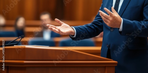A lawyer is presenting a case in front of blurred figures in a courtroom setting