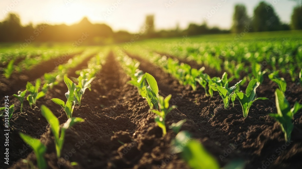 Rows of Young Green Plants Growing in Rich Soil at Sunset Rows of Young Green Plants Growing in Rich Soil at Sunset