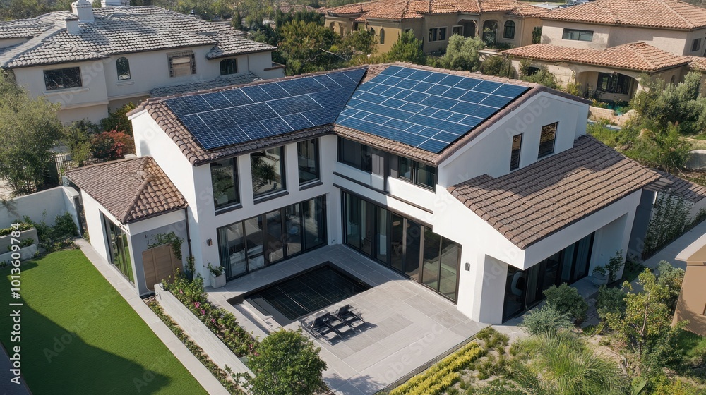 Modern House with Solar Panels, Patio, and Swimming Pool Modern House with Solar Panels, Patio, and Swimming Pool