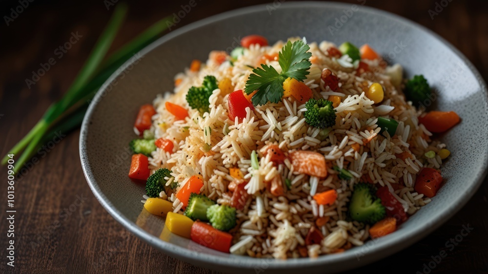 Realistic illustration of a plate of special fried rice served beautifully to stimulate the appetite Realistic illustration of a plate of special fried rice served beautifully to stimulate the appetite