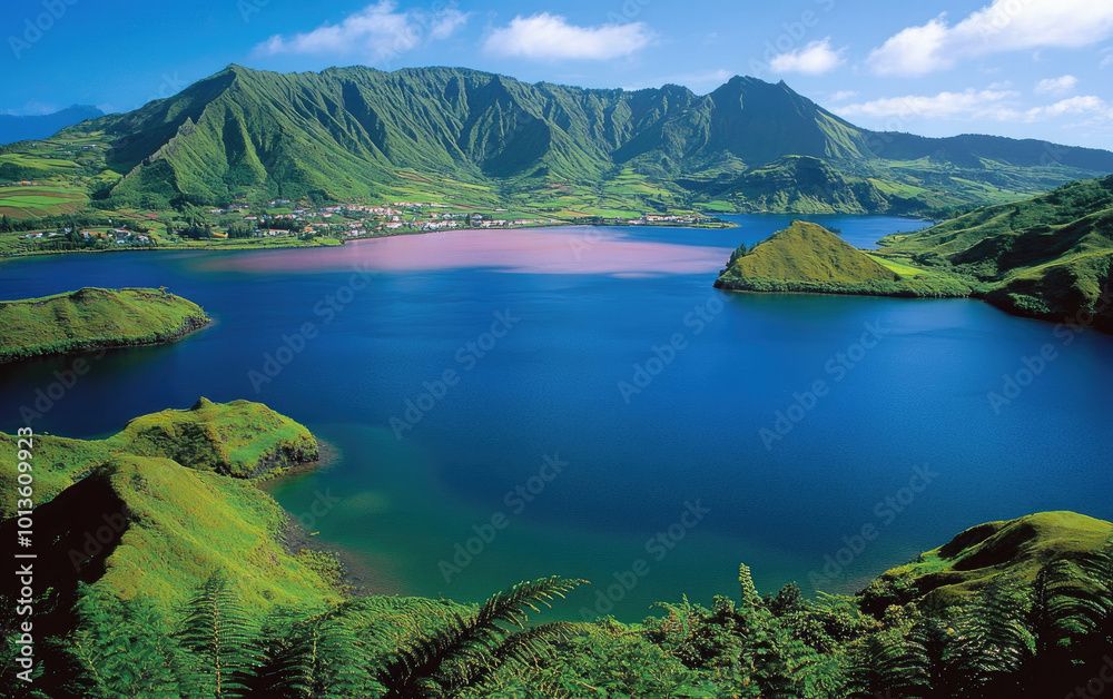 A panoramic view of the Azores Islands, with two large lakes and lush green hills surrounding them. The lake on one side is deep blue in color, while another nearby glows slightly pink from its hot sp A panoramic view of the Azores Islands, with two large lakes and lush green hills surrounding them. The lake on one side is deep blue in color, while another nearby glows slightly pink from its hot sp