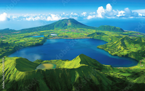 Fototapeta Naklejka Na Ścianę i Meble -  A panoramic view of the Azores Islands, with two large lakes and lush green hills surrounding them. The lake on one side is deep blue in color, while another nearby glows slightly pink from its hot sp