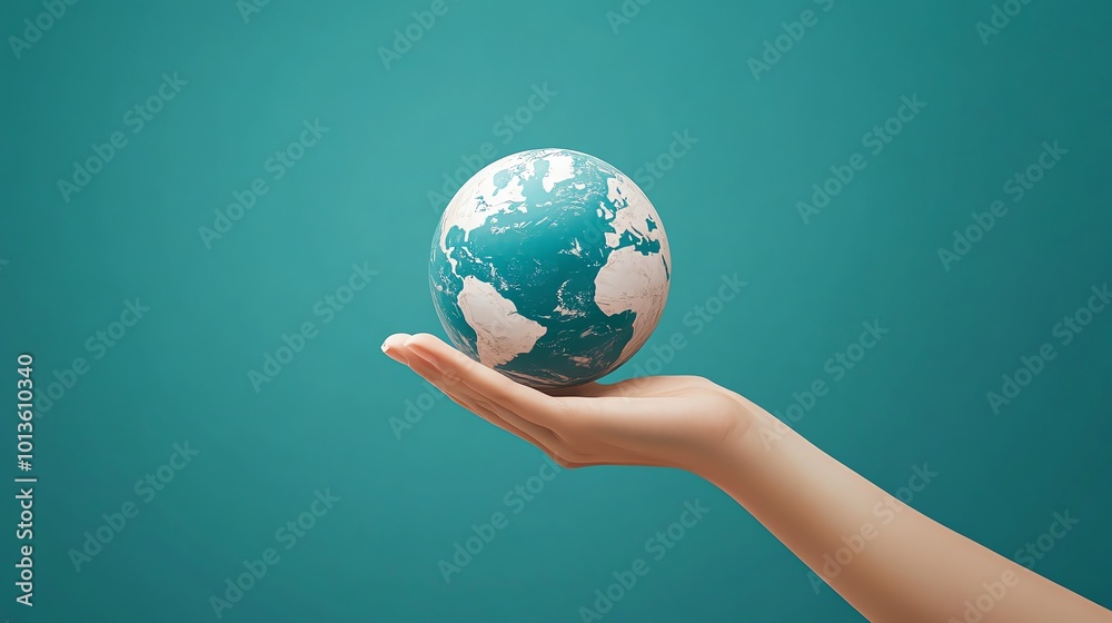 A hand holding a small globe on a teal background. A hand holding a small globe on a teal background.