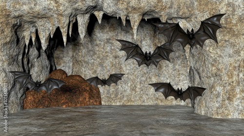 Bats flying in a cave with stalactites and rocky walls photo