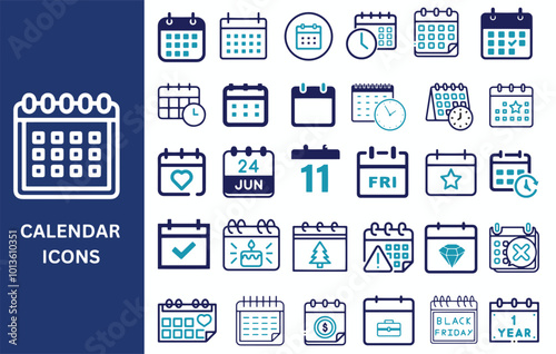 Calendar icon set. Date schedule, month, week, appointment, and event icons, Vector illustration.