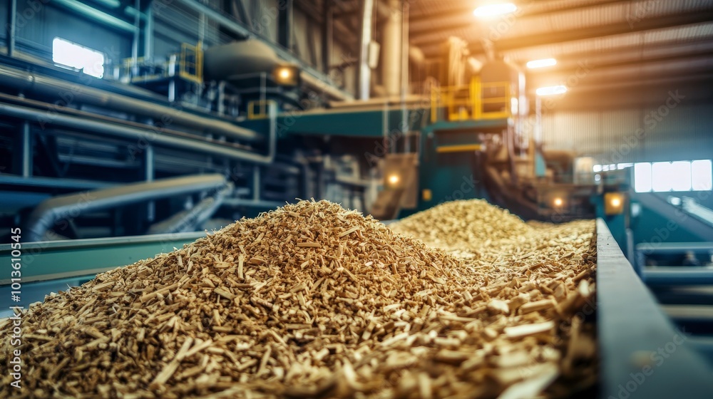 Wood processing plant with machinery and conveyor belt inside industrial facility Wood processing plant with machinery and conveyor belt inside industrial facility