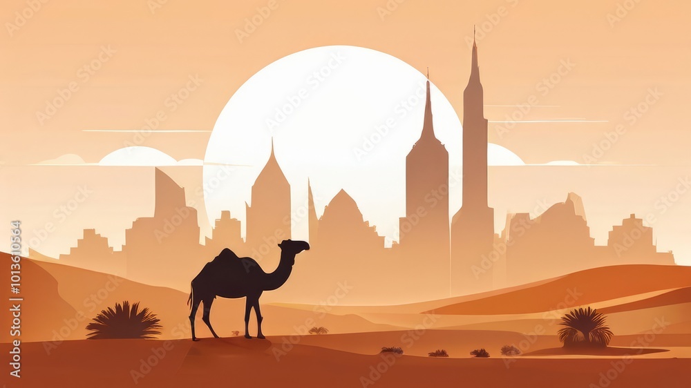 Fototapeta premium camel in the desert near big arabic megapolis content created with generative AI software.