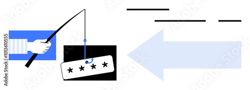 A hand holds a fishing rod with a hook catching a password, indicating a phishing attempt. Includes arrows and abstract elements. Ideal for cybersecurity, phishing awareness, online security, digital