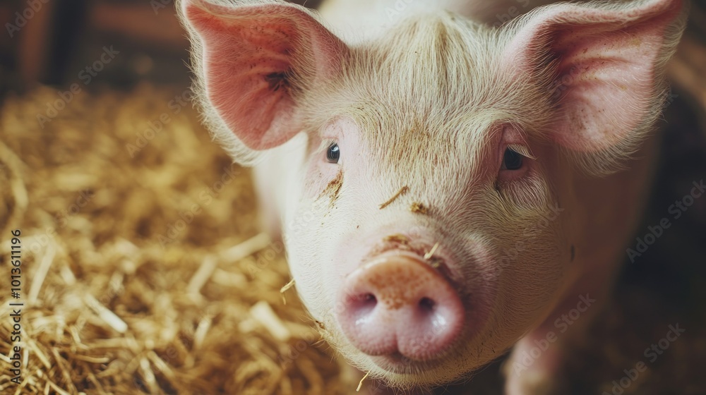 Close-up of a Piglet's Face with Straw in the Background Close-up of a Piglet's Face with Straw in the Background