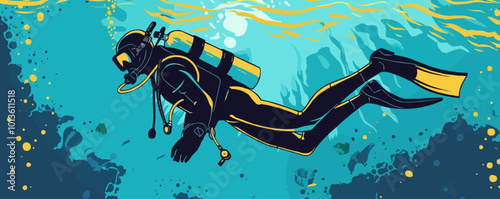 Adventurous pin-up scuba diver in retro gear, exploring underwater, flat, vector illustration, pin-up style.