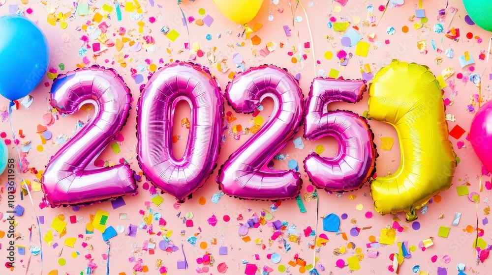 Fototapeta premium Colorful balloons and confetti celebrating the year 2023 with festive cheer