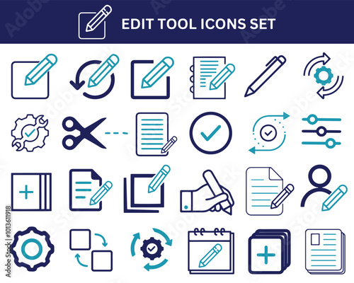 Edit Icon Set. Revision, modify, updata, pen, editor, fix, cut, note, vector illustration.