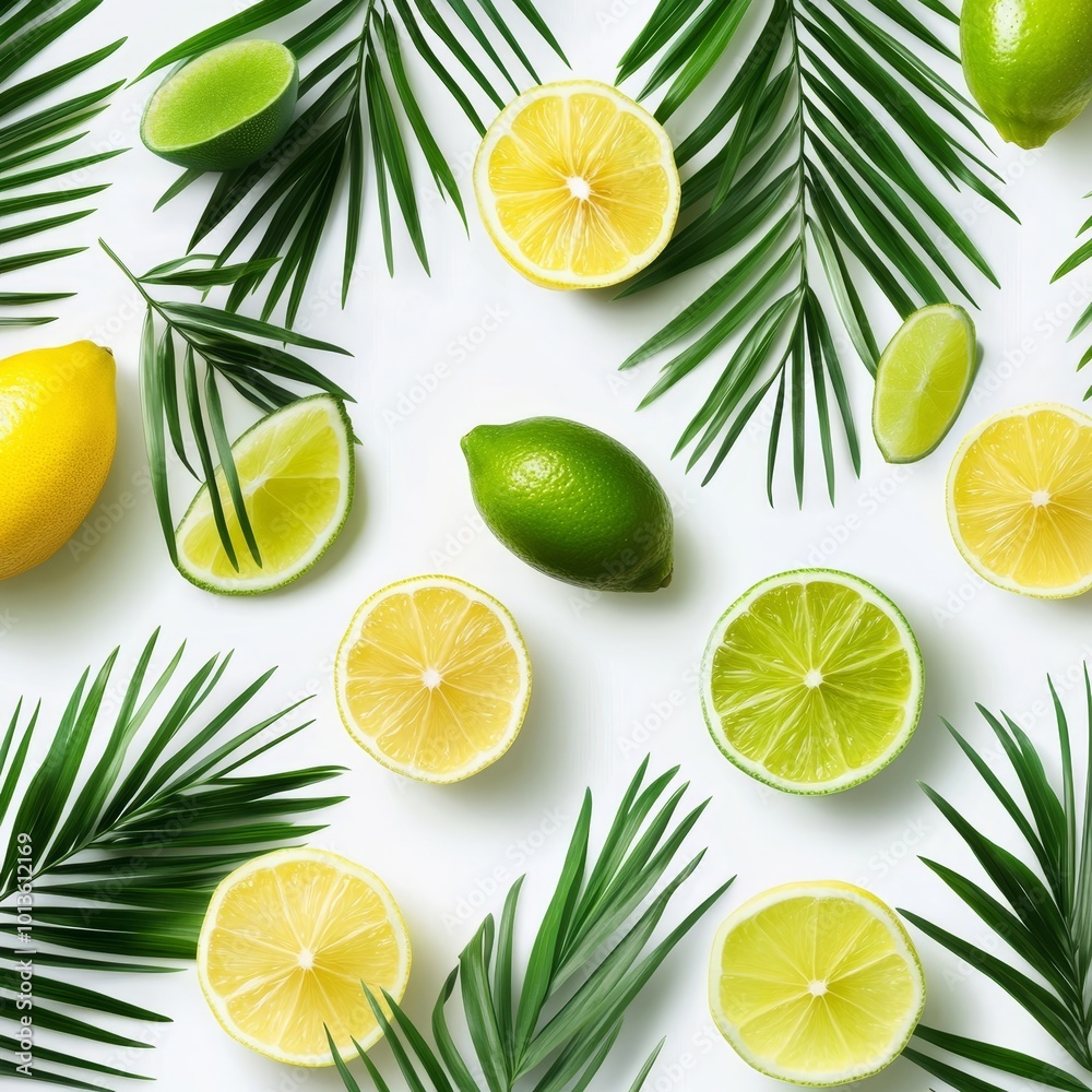 Limes and palm leaves on white background. Flat lay, top view Limes and palm leaves on white background. Flat lay, top view
