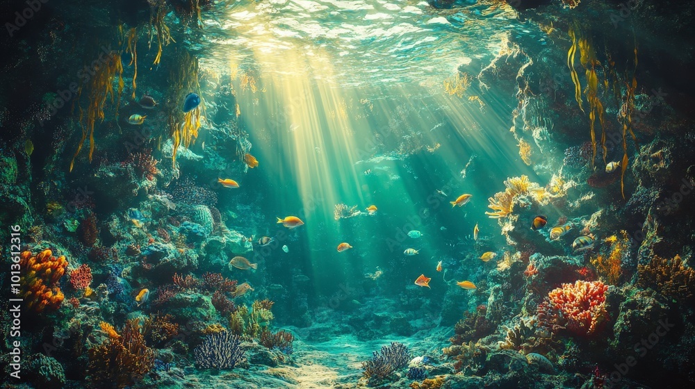 Fototapeta premium Sunlit underwater scene with colorful coral reef and diverse marine life