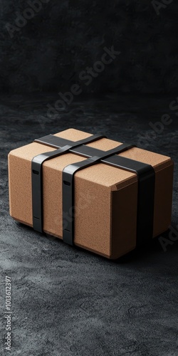 Kraft box packaging with black straps on dark background. photo