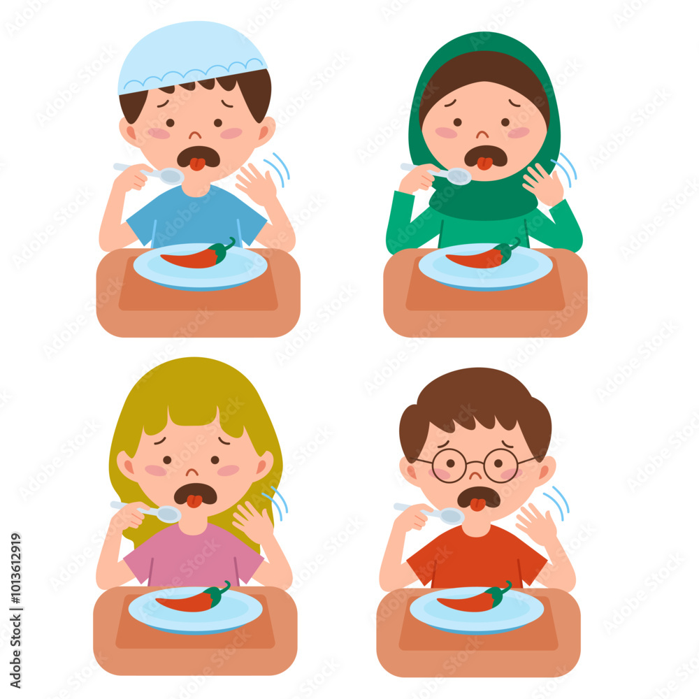 A group of children whose tongues burn from spicy food A group of children whose tongues burn from spicy food