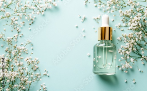 Against a turquoise backdrop, a glass dropper bottle surrounded by white blooms exudes natural elegance